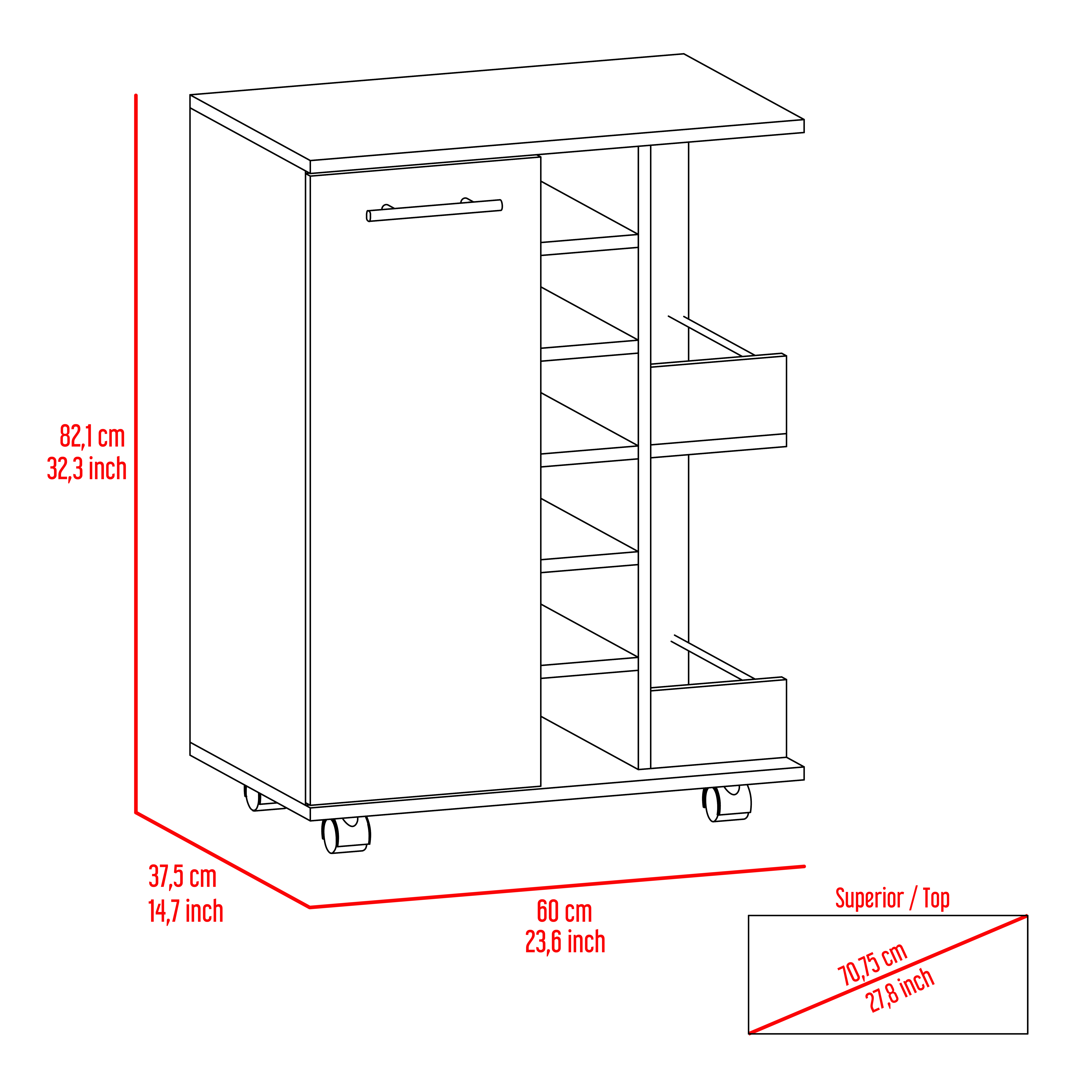 Bar Cart, Two External Shelves, Four Casters, Six Built-in Wine Rack, Single Door Cabinet -Light Oak